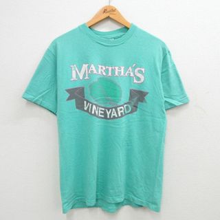 ヘインズ(Hanes)のL★古着 ヘインズ Hanes 半袖 ビンテージ Tシャツ メンズ 90年代 90s VINEYARD コットン クルーネック USA製 青緑 24may24 中古(Tシャツ/カットソー(半袖/袖なし))