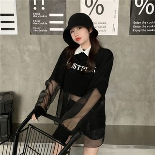 【セレクト品】　ブラウス　トップス　透け感　カジュアル　ヒップホップ　黒　L(Tシャツ(長袖/七分))