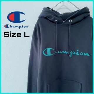 Champion - チャンピオン パーカー 古着 L プルオーバー スクリプトロゴ 目無し 黒a36