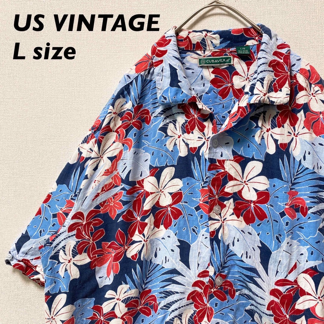 US古着　アロハシャツ　ハワイアン　半袖　開襟　総柄　花柄　男女兼用　Lサイズ メンズのトップス(シャツ)の商品写真