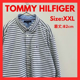 トミーヒルフィガー(TOMMY HILFIGER)の【美品】古着　トミーフィルフィガー　ボーダー　シャツ　グレー　メンズ　XXL(シャツ)