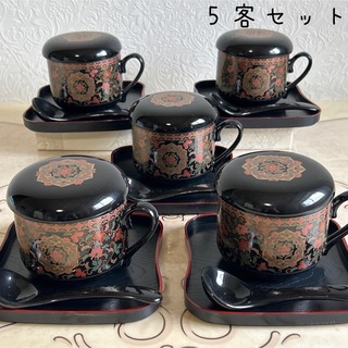 アリタヤキ(有田焼)の有田焼　藍窯　蓋付き蒸し碗揃　5客セット　茶碗蒸し器　マグカップ　スープカップ(食器)