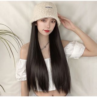 【再入荷】帽子付き　ロング　ストレート　フルウィッグ　ブラック　かつら　耐熱　黒(ロングストレート)