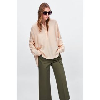 ザラ(ZARA)の【美品】ZARA リネン 長袖ブラウス シャツ ドルマン トップス ピンクM(シャツ/ブラウス(長袖/七分))