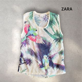 ザラ(ZARA)のZARA ザラ 異素材コンビカットソー ノースリーブ Mサイズ 総柄 派手(シャツ/ブラウス(半袖/袖なし))