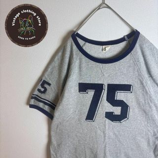 ヴィンテージ(VINTAGE)の【リンガーTシャツ 数字 ライン ラグラン袖 半袖 古着 灰色】(Tシャツ/カットソー(半袖/袖なし))