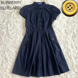 バーバリーブルーレーベル(BURBERRY BLUE LABEL)の【バーバリーブルーレーベル】ワンピース ネイビー チェック 金ボタン 38(ひざ丈ワンピース)