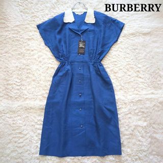 バーバリー(BURBERRY)の未使用⭐︎バーバリー　ワンピース　開襟　麻100%　フレンチスリーブ　青(ロングワンピース/マキシワンピース)