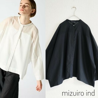 mizuiro ind - 美品 ミズイロインド シアーボイルミックス スタンドカラー ワイドシャツ 黒