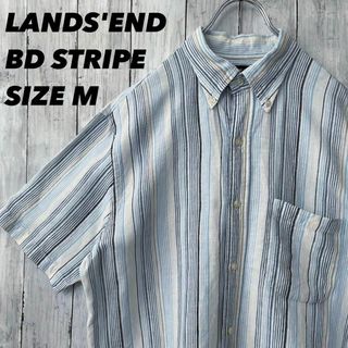 ランズエンド(LANDS’END)のアメリカ古着　LANDS'ENDランズエンド　半袖リネンストライプ柄BDシャツM(シャツ)