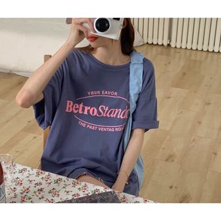 【再入荷】お洒落　薄紫　女性　プリント　Lサイズ　韓国　ゆったり　L　Tシャツ　(Tシャツ(半袖/袖なし))