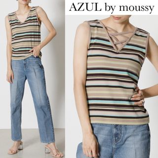 AZUL by moussy - アズールバイマウジー 2way レースアップ ボーダー リブ タンク