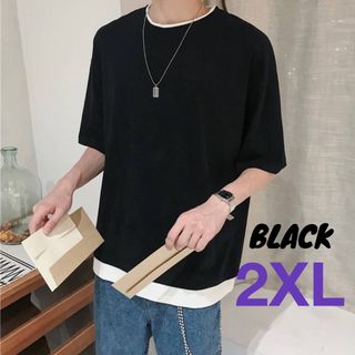 新品　メンズ　Tシャツ　ブラック　2XL トップス　レイヤード　半袖　韓国　無地(Tシャツ/カットソー(半袖/袖なし))