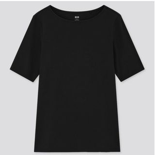 ユニクロ(UNIQLO)の【新品】ストレッチコットン ボートネックT ブラック L(Tシャツ(半袖/袖なし))