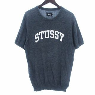 ステューシー(STUSSY)のステューシー ニット セーター 半袖 ロゴ プリント コットン グレー L(ニット/セーター)