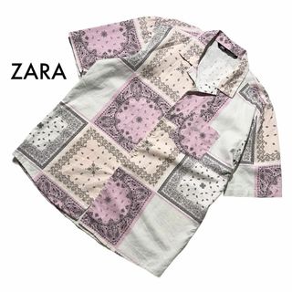 ザラ(ZARA)のザラ バンダナ プリント 柄シャツ 半袖 アロハシャツ メンズL 麻 ペイズリー(シャツ)