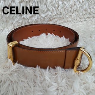 celine - 良品 セリーヌ ゴールドバックル ロゴ ベルト ブラウン レザー