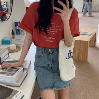 3999円○ Fサイズ ロゴティシャツ半袖　韓国 レッド(Tシャツ(半袖/袖なし))