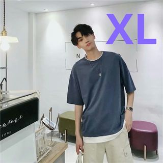 ☆人気のビッグシルエット☆ 半袖 Tシャツ メンズ XLサイズ ネイビー(Tシャツ/カットソー(半袖/袖なし))