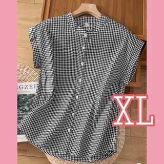 XLサイズ ブラウス シャツ フレンチスリーブ チェック柄 ブラック カジュアル(シャツ/ブラウス(半袖/袖なし))