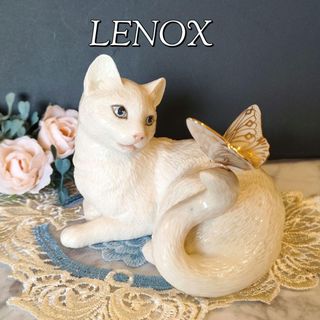 大きなサイズ LENOX レノックスペルシャ猫 陶器 置物 キャット 蝶 24K(置物)