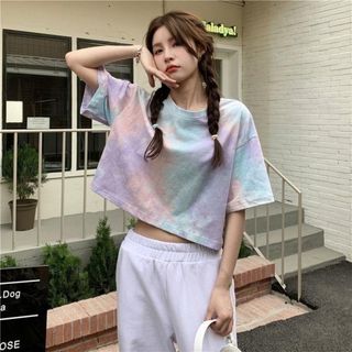 【残り２】レディース Ｔシャツ 半袖 XL へそ出し 絞り染め 紫 ギャル 韓国(Tシャツ(半袖/袖なし))