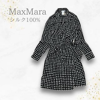 マックスマーラ(Max Mara)の美品　MaxMara シルク　白タグ　ロングワンピース　ドット　カシュクール(ロングワンピース/マキシワンピース)