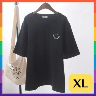 スマイル ワンポイント Tシャツ ゆったり 大きめ オーバーサイズ 黒 XL