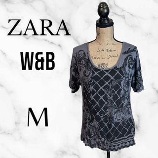 ザラ(ZARA)の【ZARA W&B】リネン混プリントTシャツ　半袖　ストレッチ　グレー　M(Tシャツ(半袖/袖なし))