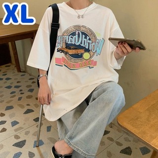 【残りわずか】プリント Tシャツ XL ホワイト 半袖 カジュアル トップス(Tシャツ(半袖/袖なし))