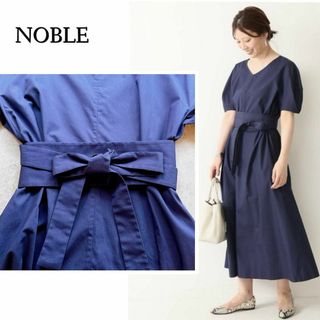 Noble - コットン100%♪ サッシュベルト付きワンピース　フリーサイズ　ネイビー