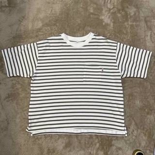 ボーダー　Tシャツ　LL  白×茶　生地厚め(Tシャツ(半袖/袖なし))