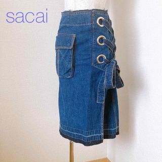 sacai - sacai デニムスカート レースアップ カットオフ ミモレ丈 インディゴ S