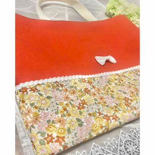 帆布 レッスンバック(マチなし)✾ オレンジ リバティ レース りぼん フリル