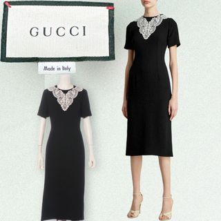 グッチ(Gucci)の美品☆人気デザイン☆GUCCI レースデザイン ミディ丈ワンピース 黒 ブラック(ひざ丈ワンピース)