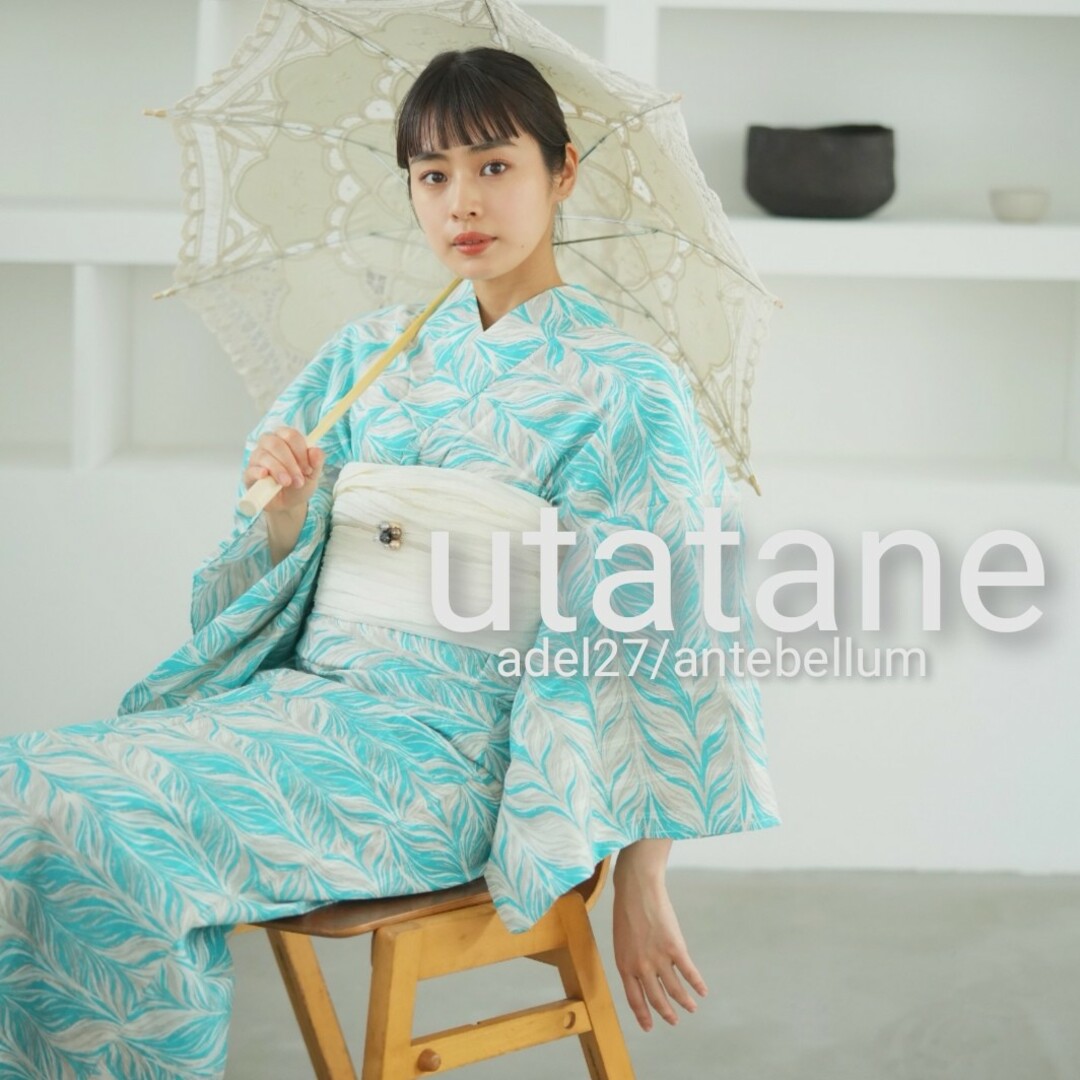 【新品】浴衣&帯2点セットutatane高級変わり織り浴衣青緑+皺兵児帯セット 【新品】浴衣&帯2点セットutatane高級変わり織り浴衣青緑+皺兵児帯セット