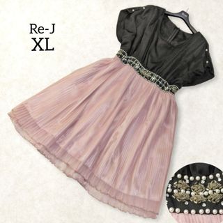 大きいサイズ XL ✿ ビジュー チュールレース ワンピース ドレス ピンク 黒(ミディアムドレス)