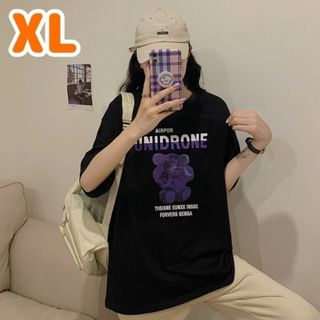 【フォロー割あり】クマ プリント Tシャツ 黒 XL メンズ レディース 韓国系(Tシャツ(半袖/袖なし))