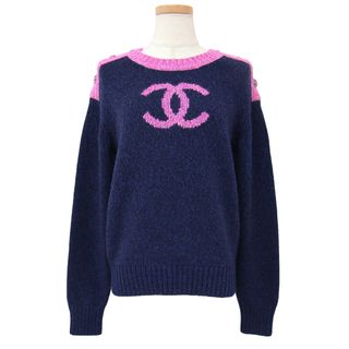 シャネル(CHANEL)の美品 CHANEL シャネル ニット カシミヤ ネイビー ピンク 36(S) P73911 ココマーク ビジュー ボタン クルーネック トップス セーター 22K イタリア製 ブランド【レディース】【中古】(ニット/セーター)