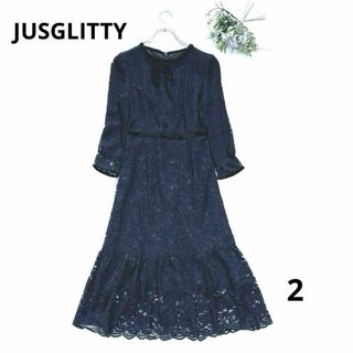 JUSGLITTY - JUSGLITTY  総レースワンピース ベロアリボン　ネイビー　総柄