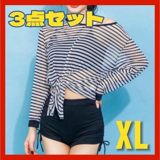 XL 水着 レディース 体型カバー ラッシュガード ボーダー 着痩せ 紫外線(水着)