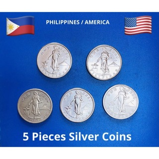 フィリピン、アメリカの1ペソ硬貨5枚。(その他)