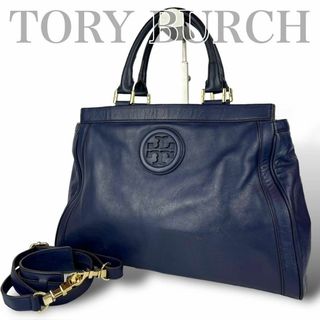 Tory Burch - 良品 Tory Burch 2way ショルダーバッグ 斜め掛け ロゴ A4 紺