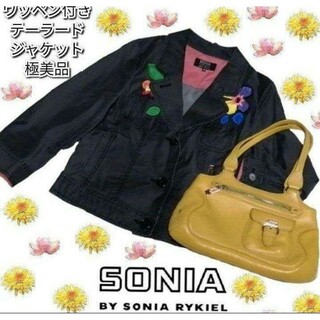 ソニアリキエル(SONIA RYKIEL)の極美品❤ソニアリキエル❤テーラードジャケット❤ワッペン❤ブラック❤黒❤フラワー(テーラードジャケット)