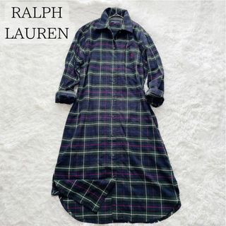 Ralph Lauren - ラルフローレン ネルシャツワンピース 紺×緑 チェック マキシ丈 ホースロゴ M