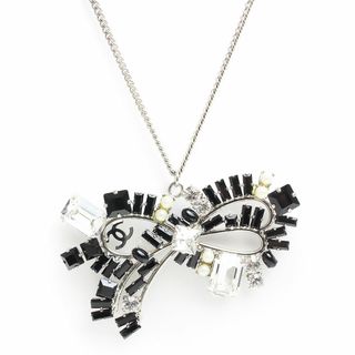 CHANEL - シャネル リボン ココマーク ビジュー ラインストーン パール ネックレス ペンダント 二段階調節 シルバー ブラック 黒 箱付 CHANEL（未使用　展示品）