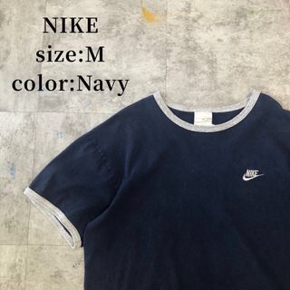 ナイキ(NIKE)のNIKE リンガーTシャツ 刺繍ロゴ 藍色 M アメカジ 古着 スポーツ ナイキ(Tシャツ/カットソー(半袖/袖なし))