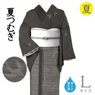 着物だいやす 859■生紬■レア♪夏紬　井桁に燕文　黒地　身長サイズ：L　ガード加工【正絹】【仕立て上がり着物】(着物)