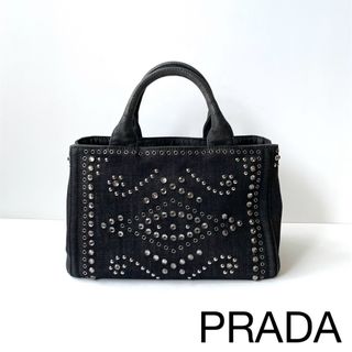 プラダ(PRADA)の【良品】PRADA プラダ　ミニ トートバッグ　カナパ　ビジュー　Sサイズ　黒(トートバッグ)