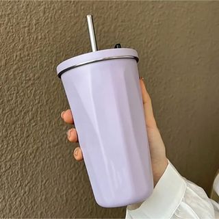 【新品未使用】ステンレスタンブラー ストロー 600ml パープル(その他)